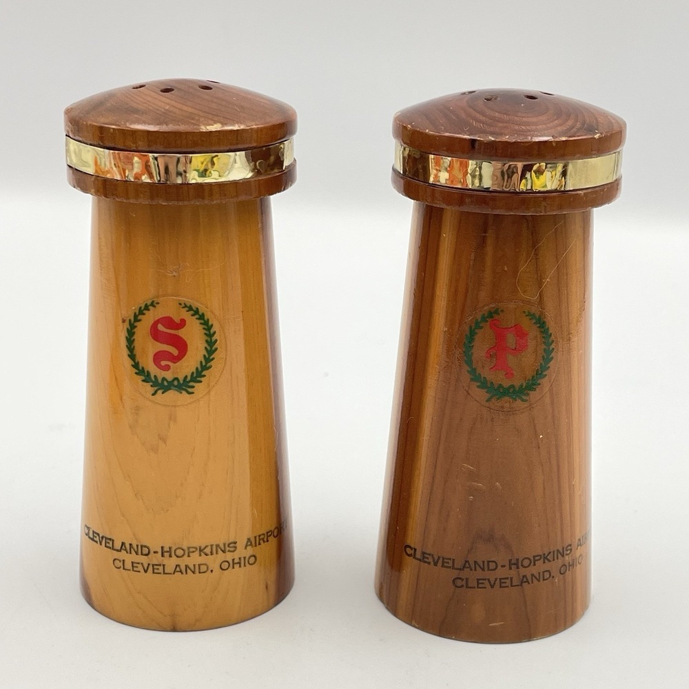 Vintage 1960s Wooden Salt & Pepper Shakers Cleveland Hopkins Airport Ohio